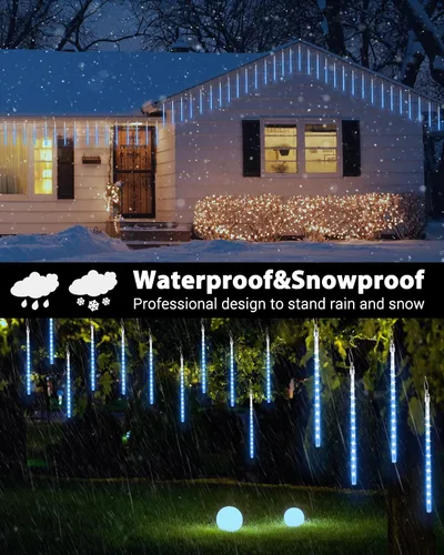 Vista 2 de iBaycon Luces de lluvia de meteoritos, carámbanos en cascada o gotas de lluvia, impermeables, de exteriores, conectables, temporizador, decoración