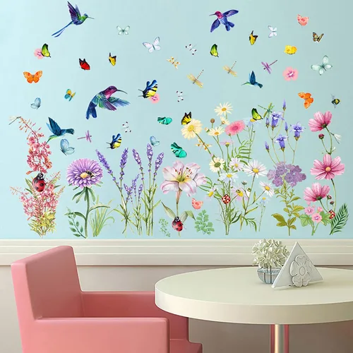 Vista 3 de Calcomanías de flores de primavera, crisantemos, lirio de lavanda, pájaros, mariposas, libélulas, mariquitas, calcomanías de pared florales