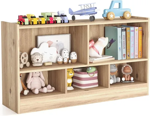 Vista 15 de KOTEK Organizador de almacenamiento de juguetes, estantería infantil de 5 cubos, estantería de madera de 3 niveles, estante abierto para guardería