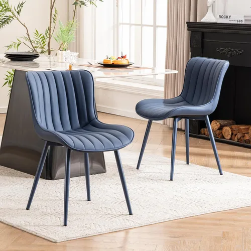 Vista 10 de YOUNUOKE - Juego de 2 sillas de comedor modernas de mediados de siglo, piel sintética azul Faux leather upholstery with blue metal legs. Fits