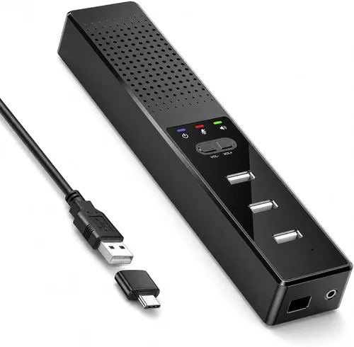 Vista 9 de Altavoz USB 3 en 1 para computadora con micrófono, altavoz de conferencia de escritorio para computadora portátil con micrófono para oficina en casa