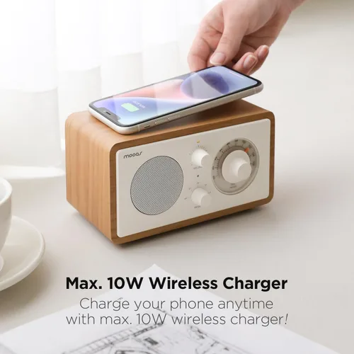 Vista 2 de mooas Radio de carga inalámbrica con esfera clásica, altavoz Bluetooth retro (negro), cargador inalámbrico máximo de 10 W, radio FM, modo SD/Aux