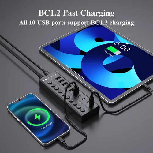 Vista 7 de FIDECO Hub USB alimentado de 60 W para laptop y PC, divisor USB de 10 puertos de 10 Gbps con adaptador de corriente de 12 V 5 A, adaptador