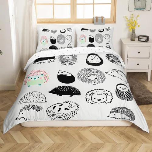 Vista 3 de Erosebridal Juego de funda de edredón Kawaii de tamaño individual, diseño de erizo de dibujos animados en blanco y negro, regalo de erizo para niñas
