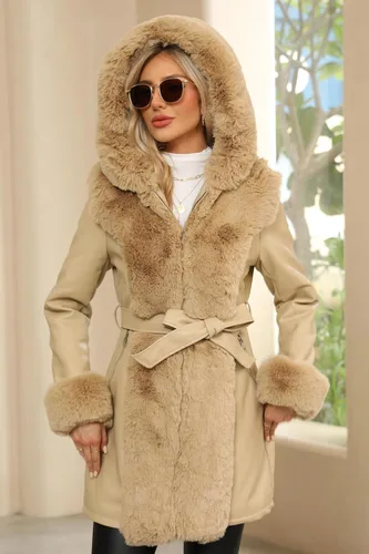 Vista 6 de Bellivera Abrigo de piel sintética con forro polar para mujer, parka con cremallera y cinturón