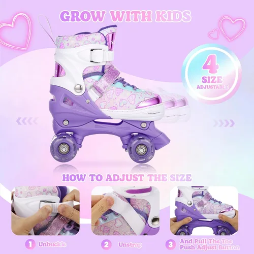 Vista 3 de TOMSHOO Kids Roller Skates for Girls Toddlers Youth 4 Sizes Adjustable Quad Skates with Light up Wheels Children Skates for Indoor Outdoor