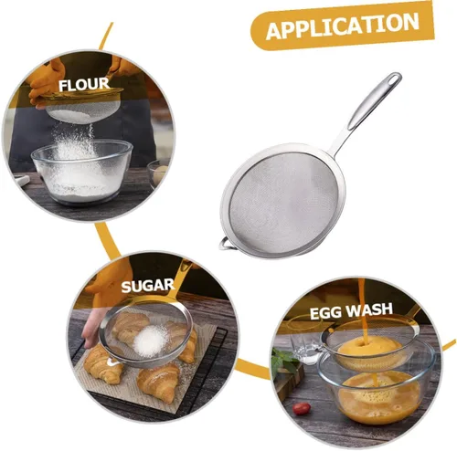 Vista 3 de Uonlytech Tamiz de harina de acero inoxidable multifunción Colador grande de malla conveniente suministro de cocina para hornear en el hogar, fácil