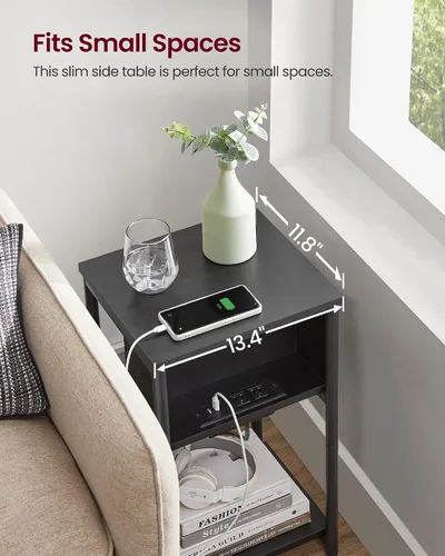 Vista 9 de VASAGLE Mesa auxiliar con estación de carga, mesa auxiliar de 3 niveles con puertos USB y tomas, mesita de noche para sala de estar, dormitorio