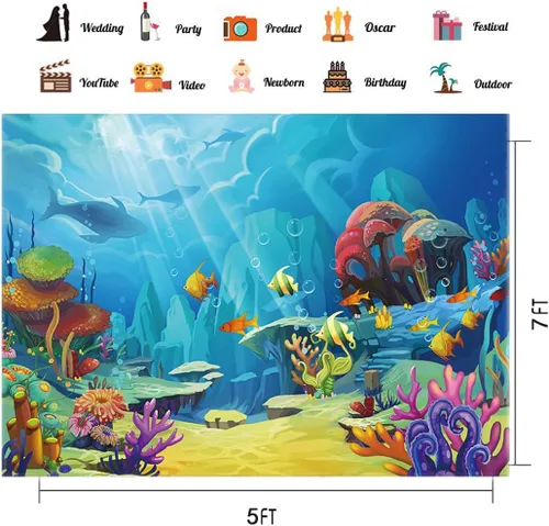 Vista 4 de CHAIYA Telón de fondo bajo el mar con temática de sirenita y océano para decoración de mesa de pastel de 5 x 3 pies