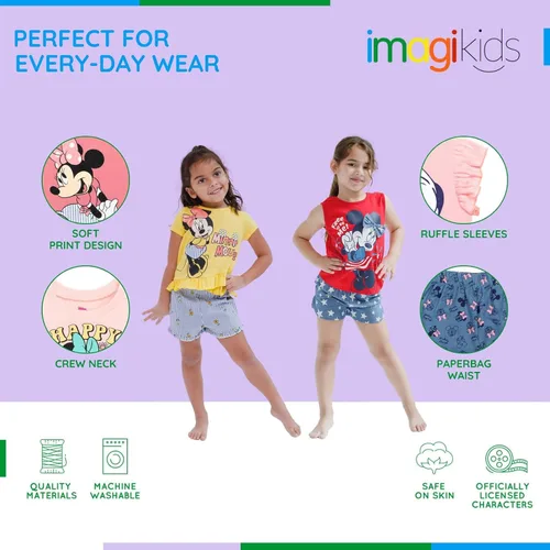 Vista 5 de Disney Minnie Mouse - Conjunto de camiseta floral arcoíris y pantalones cortos de cambray, tallas de bebé a niño grande (12 meses - 14-16)