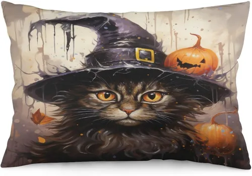 Vista 18 de Funda de almohada con sombrero de bruja con diseño de gato de 20 x 30 pulgadas, diseño de impresión de doble cara con cremallera invisible, Patrón 8