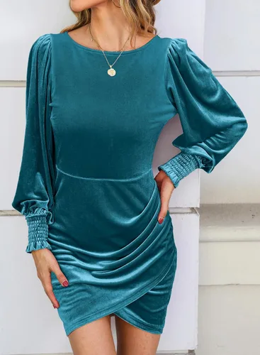 Vista 4 de YIJIU Vestido de terciopelo de manga larga para mujer, cuello redondo, ajustado, corto, fruncido, entallado, para cóctel, fiesta, club, mini vestidos