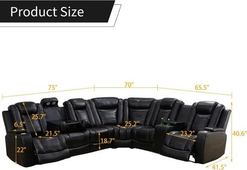 Vista 2 de Sofá modular reclinable eléctrico para sala de estar, moderno juego de sofá modular de cuero negro en forma de L, juego de sofá reclinable