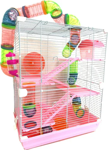 Vista 12 de Rosa Grande Torre Doble de 5 Pisos Hábitat para Hámster Mansión Roedores Jerbos Ratones Pequeños Hogar Jaula con Tubo de Cruce Superior Expandible