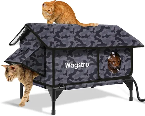 Vista 8 de Casa climatizada a dos aguas para gatos exteriores en invierno, 100% impermeable, puerta de escape, elevada, refugio aislado para gatos al aire