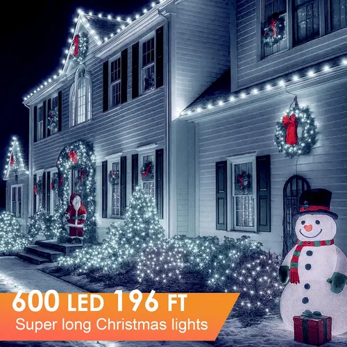 Vista 2 de Luces de Navidad 600 LED de 196 pies, IP67 impermeables, luces para árbol de Navidad con 8 modos, tira de luces para exteriores con temporizadores
