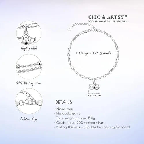 Vista 150 de CHIC & ARTSY Tobilleras delicadas de plata de ley S925 para verano, pulsera de tobillo ajustable multicapa para playa, joyería de pie para mujer