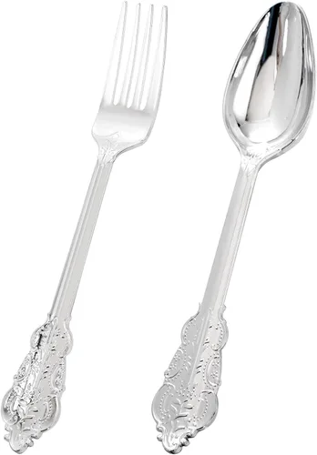 Vista 9 de BUCLA 200 Piezas Cubiertos de Plástico Dorado – Tenedores y Cucharas de Plástico Dorado Estilo Barroco – 100 Tenedores y 100 Cucharas para Bodas Oro