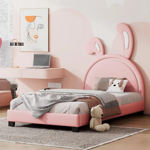 Vista 18 de Cama de plataforma, base de cama tapizada de cuero con cabecera de adorno de conejo, ideal para el dormitorio o apartamento de un niño