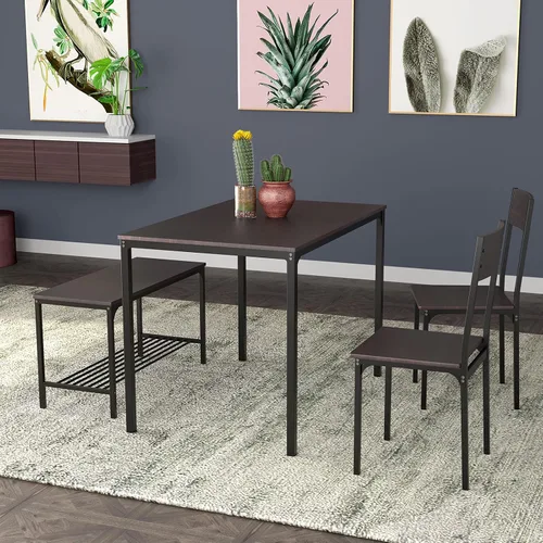 Vista 7 de Juego de mesa de comedor de 4 piezas con 2 sillas y banco, mesa de cocina de madera de 43 pulgadas para el hogar, cocina, comedor, espacio pequeño