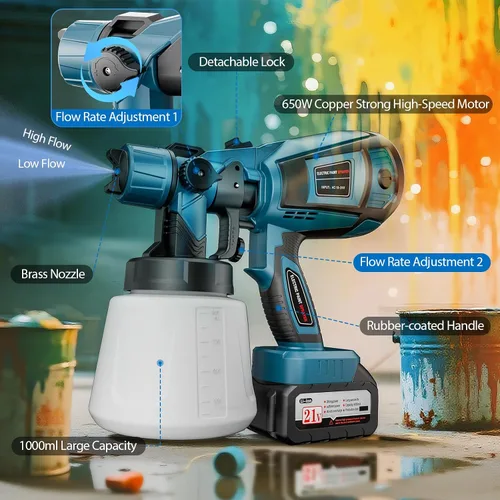 Vista 6 de Pulverizador de pintura, pulverizador de pintura inalámbrico de 650 W con batería, 6 boquillas de latón y 3 patrones de pulverización