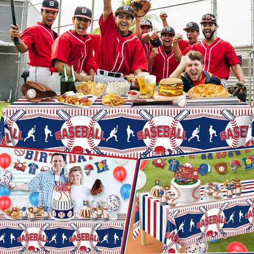 Vista 7 de Miucat Mantel de béisbol de 3 piezas, mantel de mesa y decoración de fiesta, mantel de plástico desechable, rectangular para juegos de béisbol