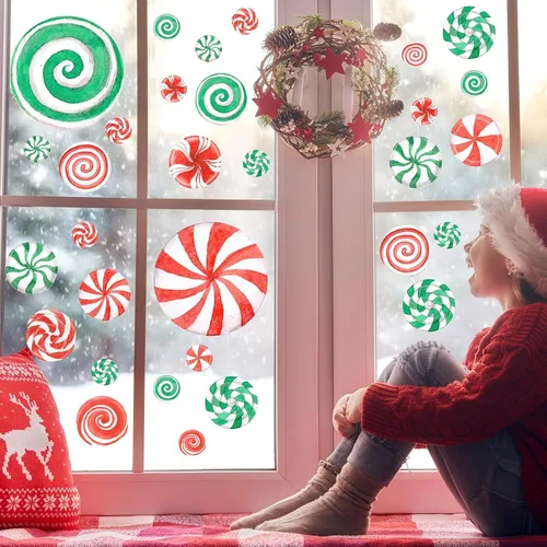 Vista 5 de 78 calcomanías de pared de caramelo de Navidad de acuarela, calcomanías de pared de Navidad, calcomanías de piso de caramelo de menta para Acuarela