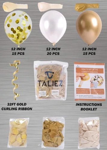 Vista 3 de Juego de 50 globos para fiestas, cromo dorado, perla blanca y confeti dorado, globos de látex natural de 12 pulgadas para decoraciones de fiestas