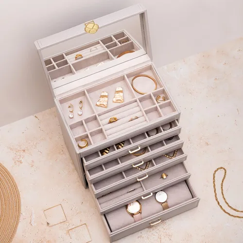 Vista 8 de Vlando Enormes cajas de joyería de 6 niveles para regalo de Navidad, día de Acción de Gracias, aretes, anillos, collar, reloj, estuche organizador