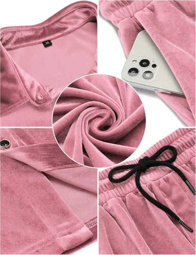Vista 5 de LecGee Conjunto de pantalones cortos casuales de verano para hombre, camisa de terciopelo de manga corta con botones, pantalones cortos de cintura