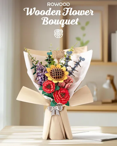 Vista 8 de Rowood Rompecabezas 3D para adultos, juego de construcción de ramo de flores de madera, colección botánica de flores artificiales, día de la madre