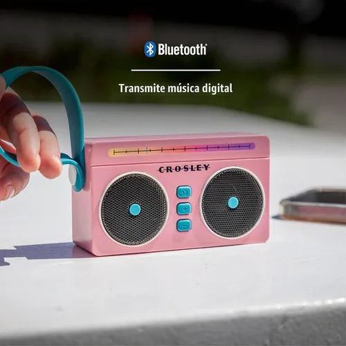 Vista 4 de Crosley CR3050A-FG Mini Boombox Altavoz Bluetooth Portátil Retro con Luces LED, Flamingo Bluetooth In, 5 Color-Changing Light Modes, LED Lights