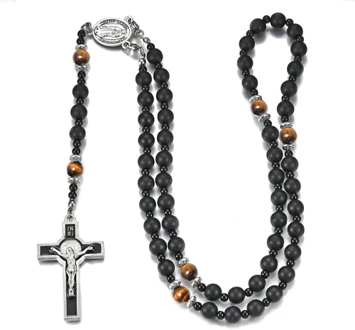 Vista 2 de Rosario de cuentas católicas hechas a mano de 0.315 pulgadas para hombre, collar de rosario negro grande con medalla milagrosa, rosarios, regalos