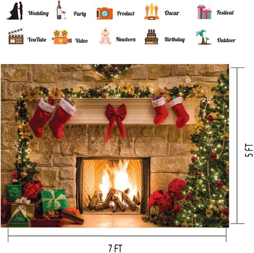 Vista 5 de CHAIYA Fondos de fotografía de Navidad de 7 x 5 pies con temática de chimenea de Navidad, suministros para fiestas de Navidad, fondo de fotos