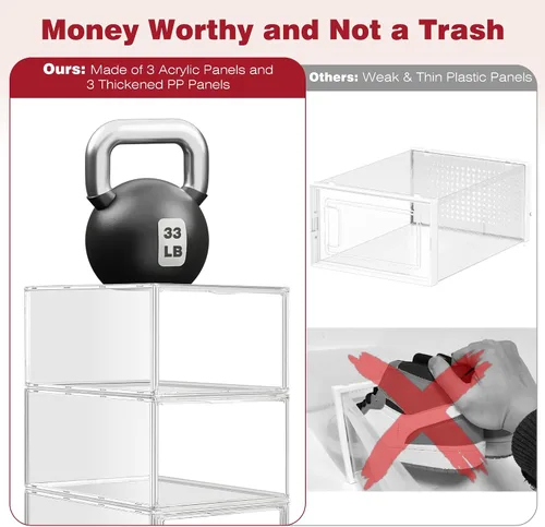 Vista 3 de 1 Pack Clear Shoe Storage Boxes Stackable, Large Sneaker Organizer with Acrylic Magnetic Door, Plastic Drop Front Shoe Containers for Men up to