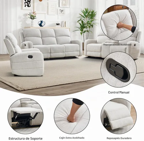 Vista 3 de EBELLO Juego de sofá reclinable manual para sala de estar, sofá reclinable de tela suave para sala de reuniones, respaldo y apoyabrazos acolchados