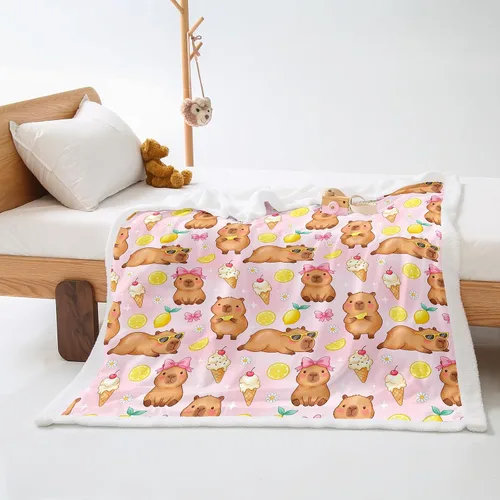 Vista 2 de AILONEN Pink Capybara Throw 47"x31" Fleece Sherpa Blanket, Lemon Ice Cream Cartoon Print Printed Throw Blanket, Sweet Room Theme