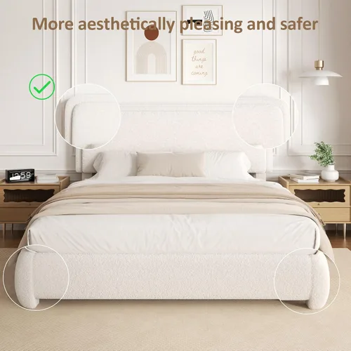 Vista 6 de Base de cama de tamaño Full con tapizado de bouclé, plataforma tapizada con cabecera, anticolisión con esquinas redondeadas suaves, no requiere