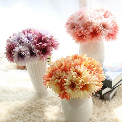 Vista 3 de Flor de gerbera artificial, margaritas artificiales, para novia, dama de honor, 7 tallos de seda, margaritas de seda, ramo de boda, sala de estar