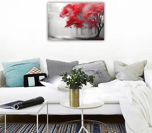 Vista 2 de ZHOUWALLPIC Lienzo de árbol rojo para pared, diseño de bosque rojo y negro, impresiones de imágenes de paisajes de niebla grande, decoración