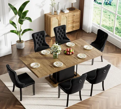 Vista 24 de Juego de mesa de comedor extensible marrón de 63 a 78.74 pulgadas para 4, juego de mesa de comedor de 5 piezas con 4 sillas, mesa de cocina