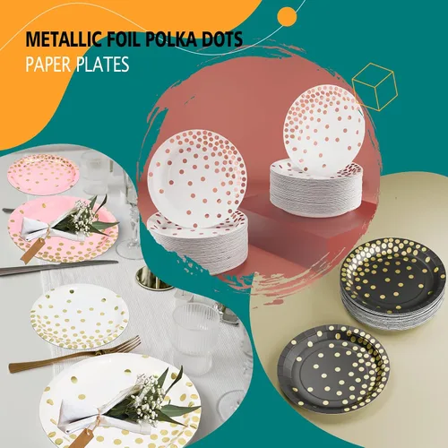 Vista 6 de DYLIVeS Plato de papel, paquete de 80 lunares negros y dorados, platos desechables de 7 pulgadas, redondo, casual, para todas las estaciones