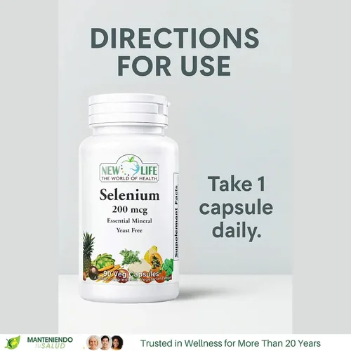 Vista 5 de New Life Selenio 200mcg, mineral esencial, 90 cápsulas vegetales