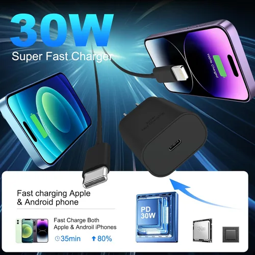 Vista 3 de Cargador de iPhone de 10 Pies 14 13 12 11 Carga Rápida, Cargador de iPhone USB C de 30W Tipo C con Cable USB C a Lightning Extra Largo para iPhone