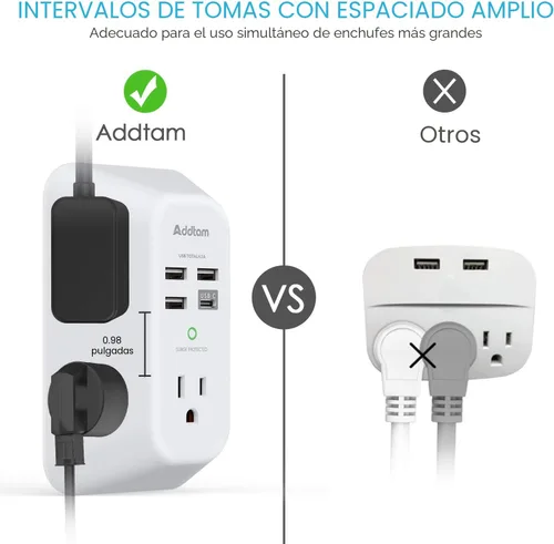 Vista 3 de Addtam cargador USB de pared con protector contra sobrecargas, extensor de 5 tomas con 4 puertos de carga USB (1 salida USB C) de 3 lados, 1800 J