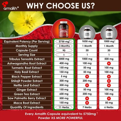 Vista 5 de Amalth Tribulus Terrsestris, extracto 20:1 por porción, mayor potencia con Ashwagandha, Saw Palmetto, Shilajit 120 cápsulas