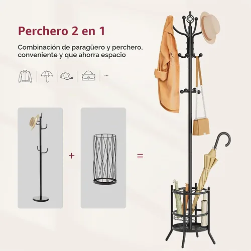 Vista 4 de Tajsoon Perchero con Soporte para Paraguas, Árbol de Abrigos Independiente con 16 Ganchos, Soporte para Perchero para Sala de Estar, Dormitorio Negro