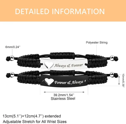 Vista 3 de Pulsera de pareja para hombres y mujeres, de acero inoxidable blanco y negro, grabada, joyería de amor para esposa, marido, 2 pulseras tejidas a