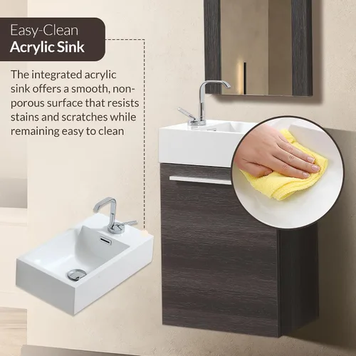Vista 8 de Blossom Tocador de baño pequeño de 18 pulgadas con fregadero, gabinete flotante de madera maciza, resistente a la humedad, fregadero de profundidad