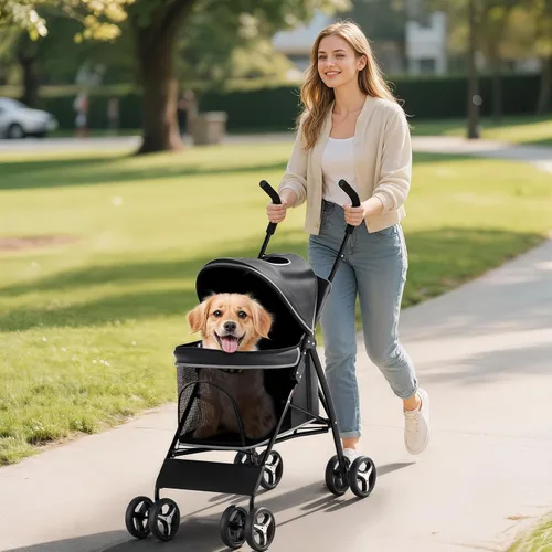 Vista 3 de Cochecito para mascotas para perros y gatos pequeños, 10-22 libras, almacenamiento trasero, negro